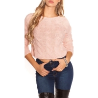 42026 FS Κοντό πουλόβερ με σχέδιο πλεξούδες - Ρόζ απαλό