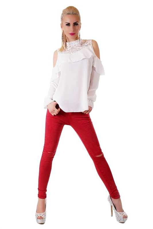 30996 SD Σιφόν μπλούζα με δαντέλα - άσπρη-Ασπρο