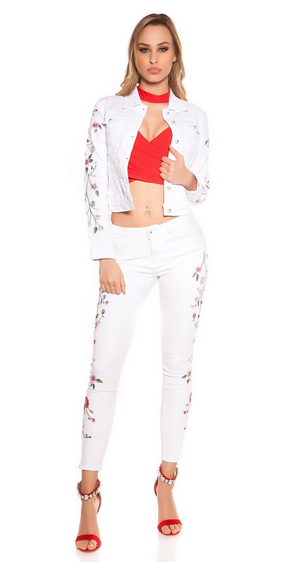 Fashion Style 41809 FS Κοντό τζήν σακάκι με κέντημα και πούλιες - Άσπρο-Ασπρο 2025