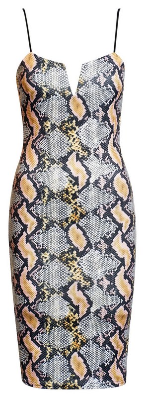 Μίντι φόρεμα print φίδι με V - Κίτρινο/Φίδι 52598-Κίτρινο 16396