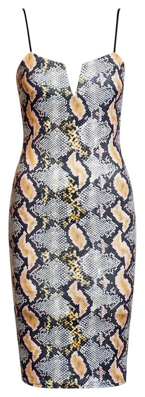 CATWALK Μίντι φόρεμα print φίδι με V - Κίτρινο/Φίδι 52598-Κίτρινο