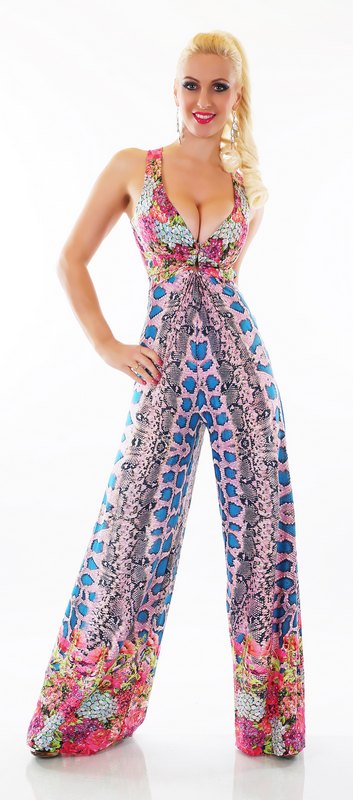 Ολόσωμη εμπριμέ φόρμα με βαθύ ντεκολτέ - Ροζ/Μπλε 31041-Μπλε - SD Fashion - 